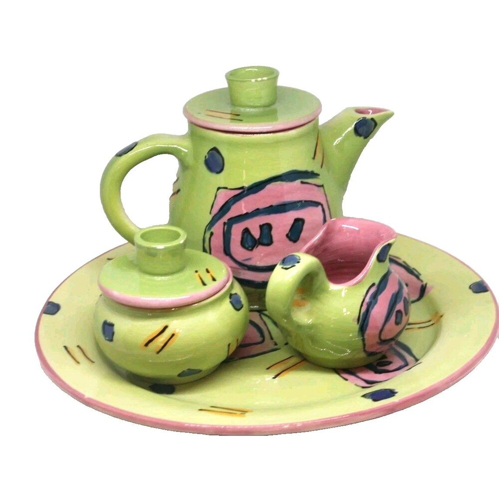 Studio Crafted Hand Made Glazed Pottery Set Tea Pot Tray Sugar Bowl & Creamer